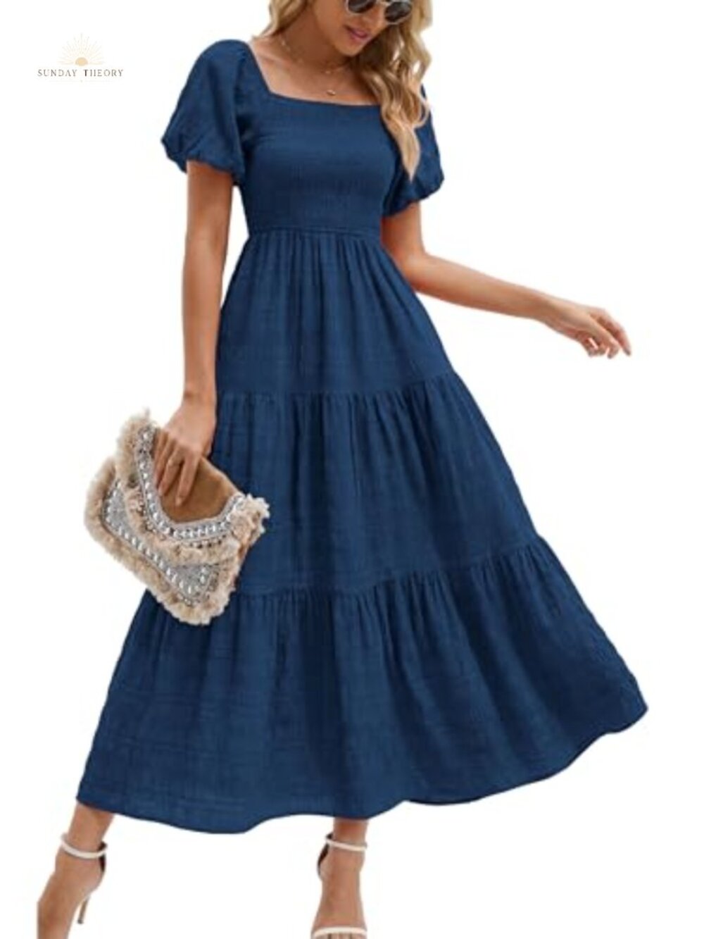 Puff Short Sleeve Maxi Dress Square Neck A-Line Backless
